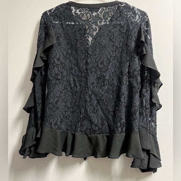 Neiman Marcus Black Lace w/ Ruffle Trim Sleeves and Front Tie Size Small - Picture 3 of 6